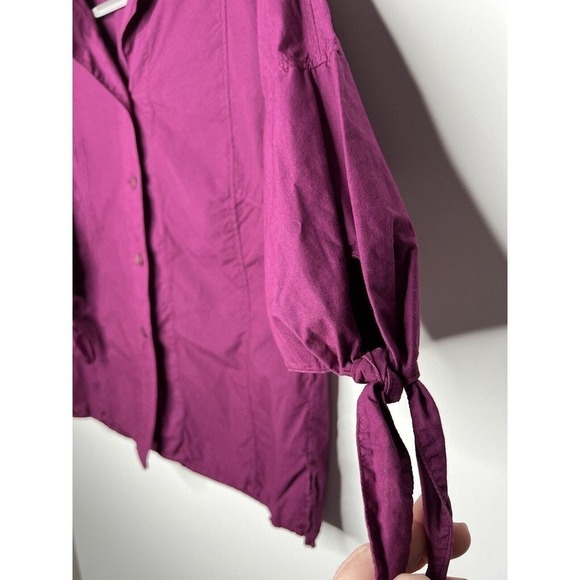 OSKA Top Womens Button Down Blouse Size 1 Small Half Tie Bow Sleeves Purple - Picture 13 of 15